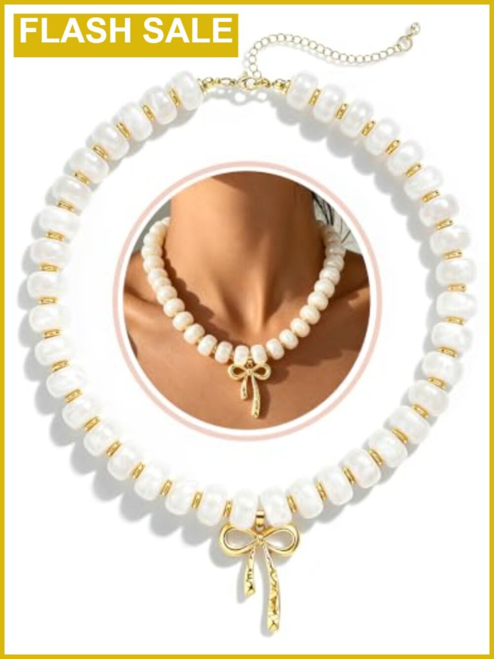 Chunky Beaded Statement Necklace Gold Tone Bow Pendant Choker Adjustable
